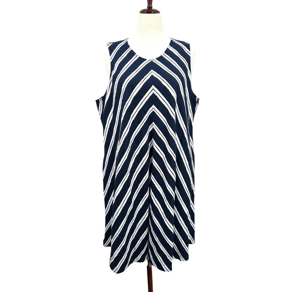 Lands' End Linen Dress A-Line Navy Blue & White Chevron Stripe Women's 2X 20-22W